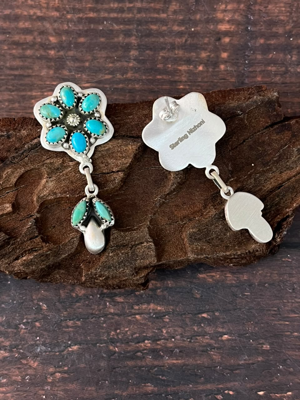 Handmade Sterling Silver Kingman Turquoise Post Dangle Earrings Signed Nizhoni