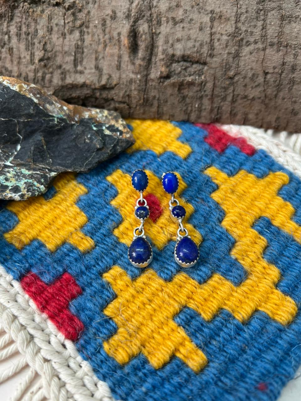Handmade Sterling Silver Lapis Post Dangle Earrings "Signed Nizhoni"