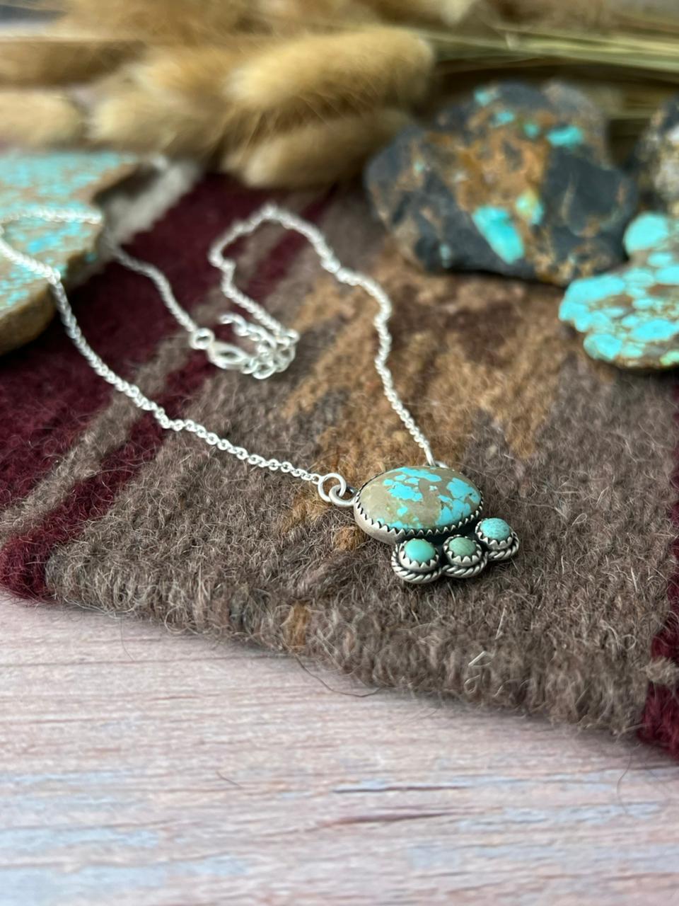 Handmade Sterling Silver Royston Ribbon with Number 8 Turquoise Necklace "Signed Nizhoni"