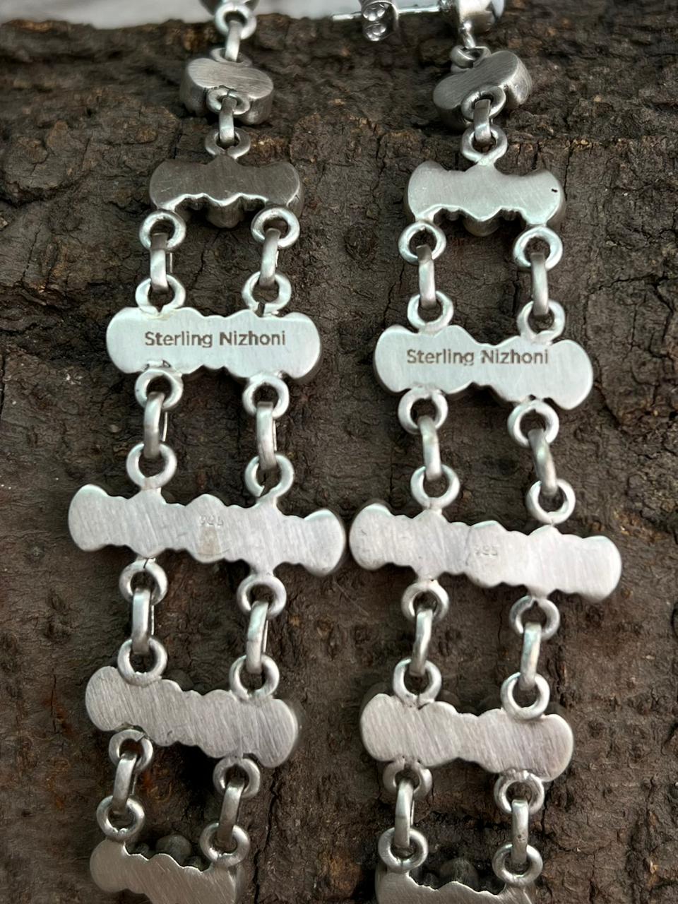 Handmade Sterling Silver White Buffalo Post Dangle Earrings "Signed Nizhoni"