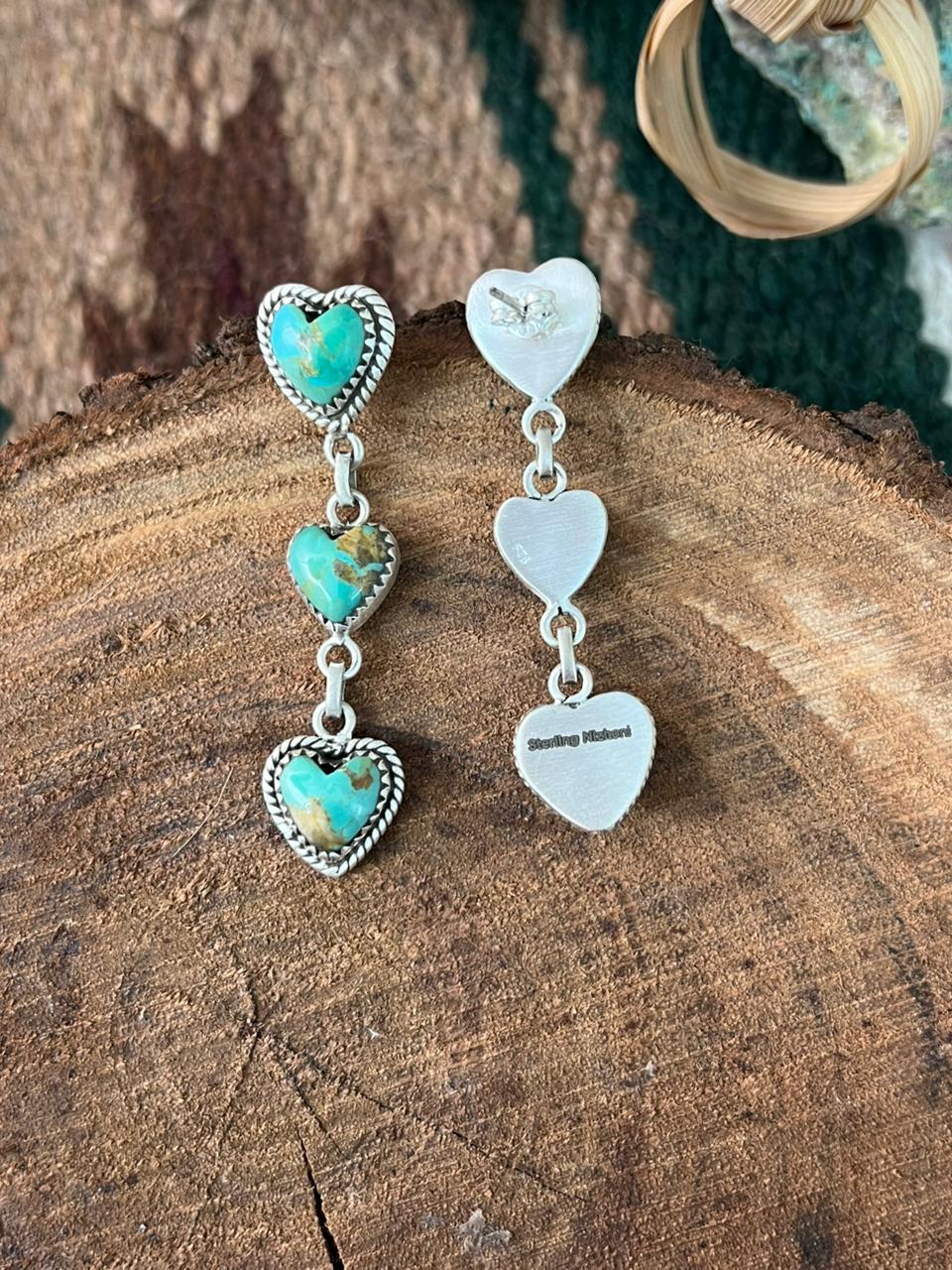 Handmade Sterling Silver Kingman Turquoise Post Dangle Heart Earrings Signed Nizhoni (4)