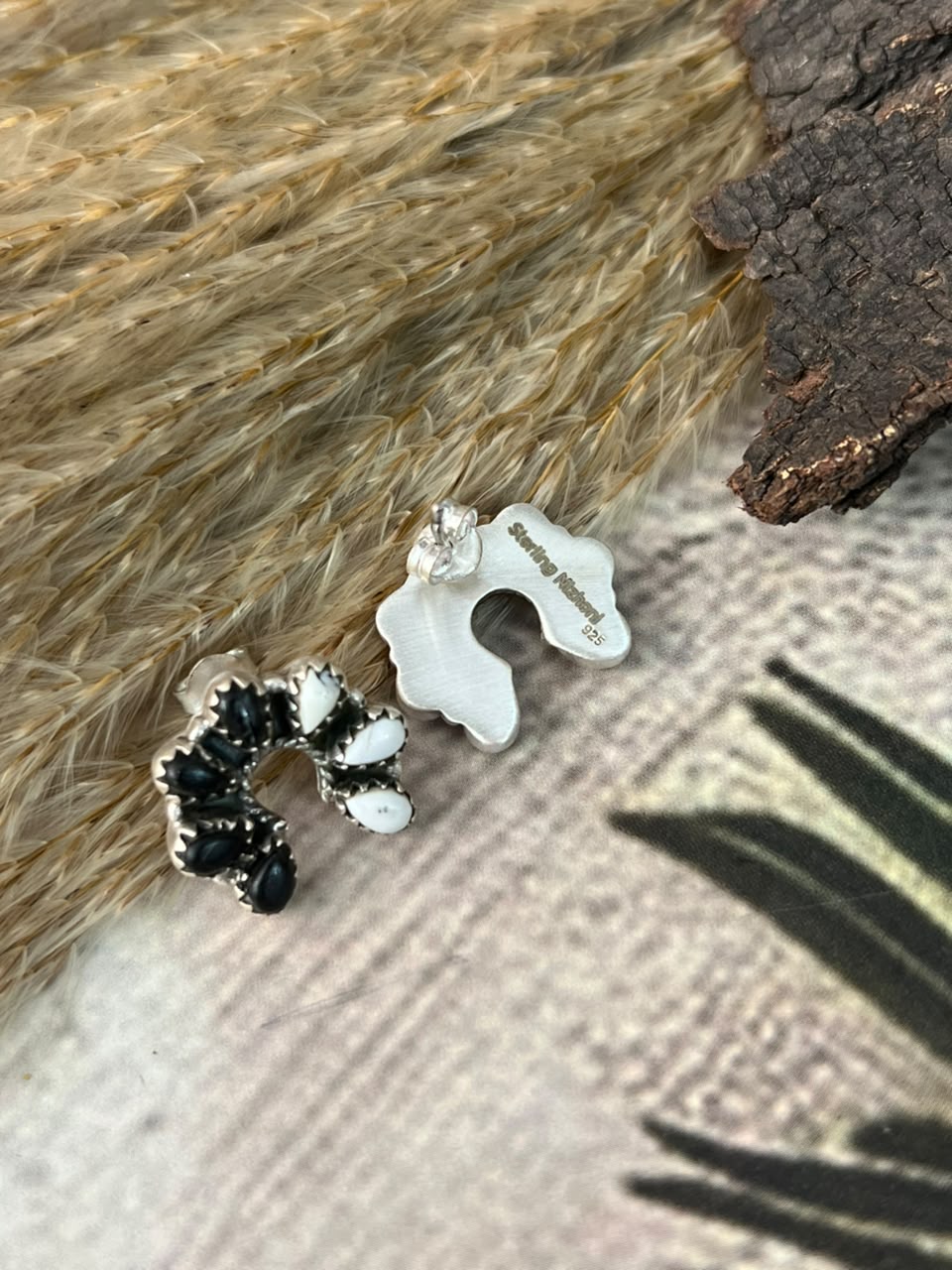 Handmade Sterling Silver White Buffalo Post Studs Naja Earrings Signed Nizhoni