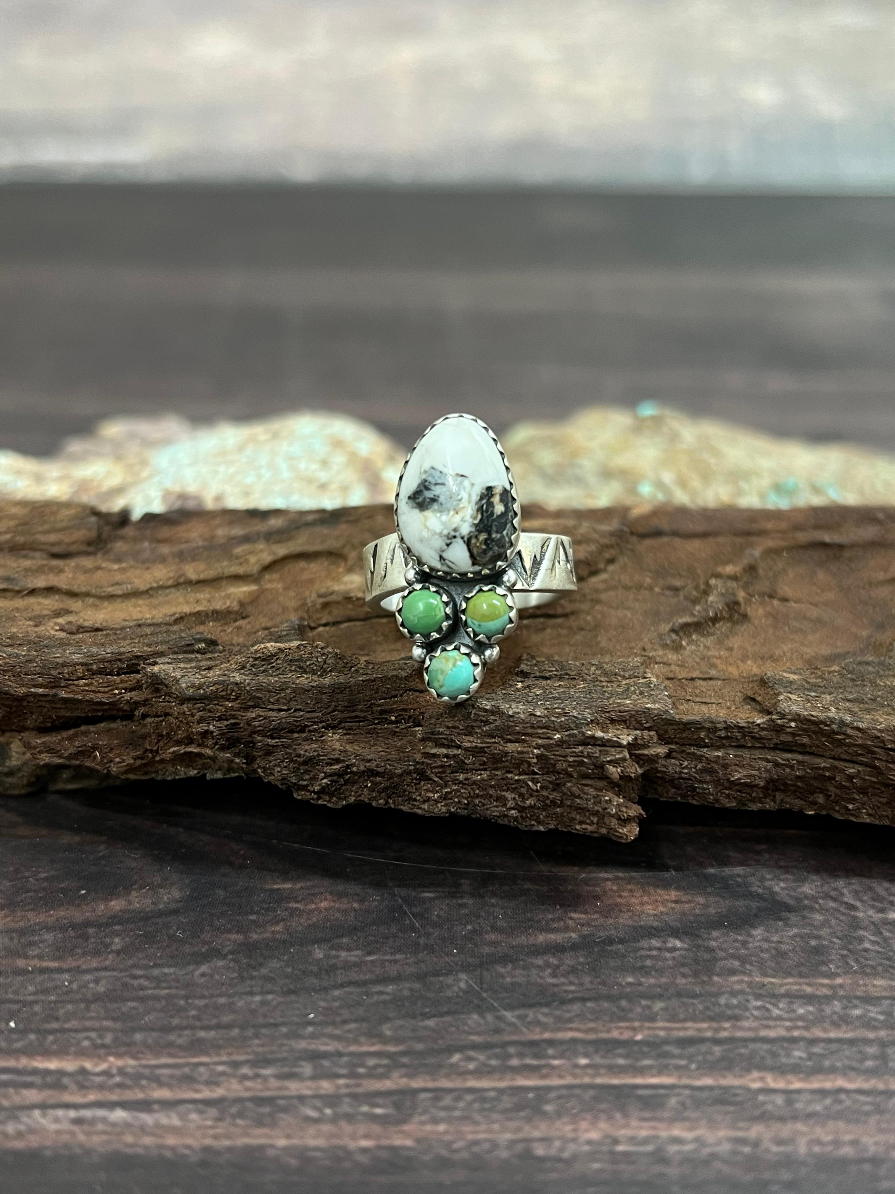 Handmade Sterling Silver Kingman with White Buffalo Turquoise Adjustable Ring with Signed Nizhoni