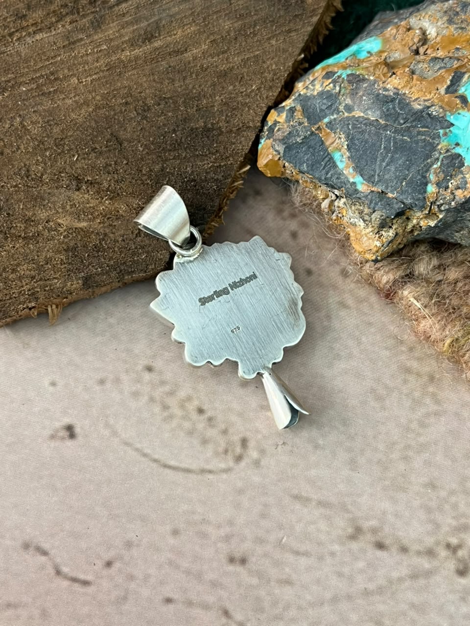 Handmade Sterling Silver Cotton Candy with White Water and Paloma Turquoise Squash Blossom Pendant Signed Nizhoni