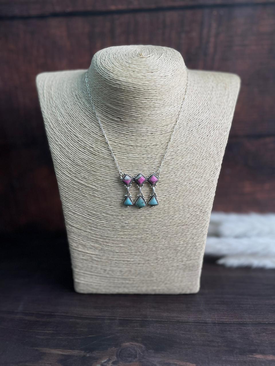 Handmade Sterling Silver Cotton Candy with White Water Turquoise Necklace "Signed Nizhoni"