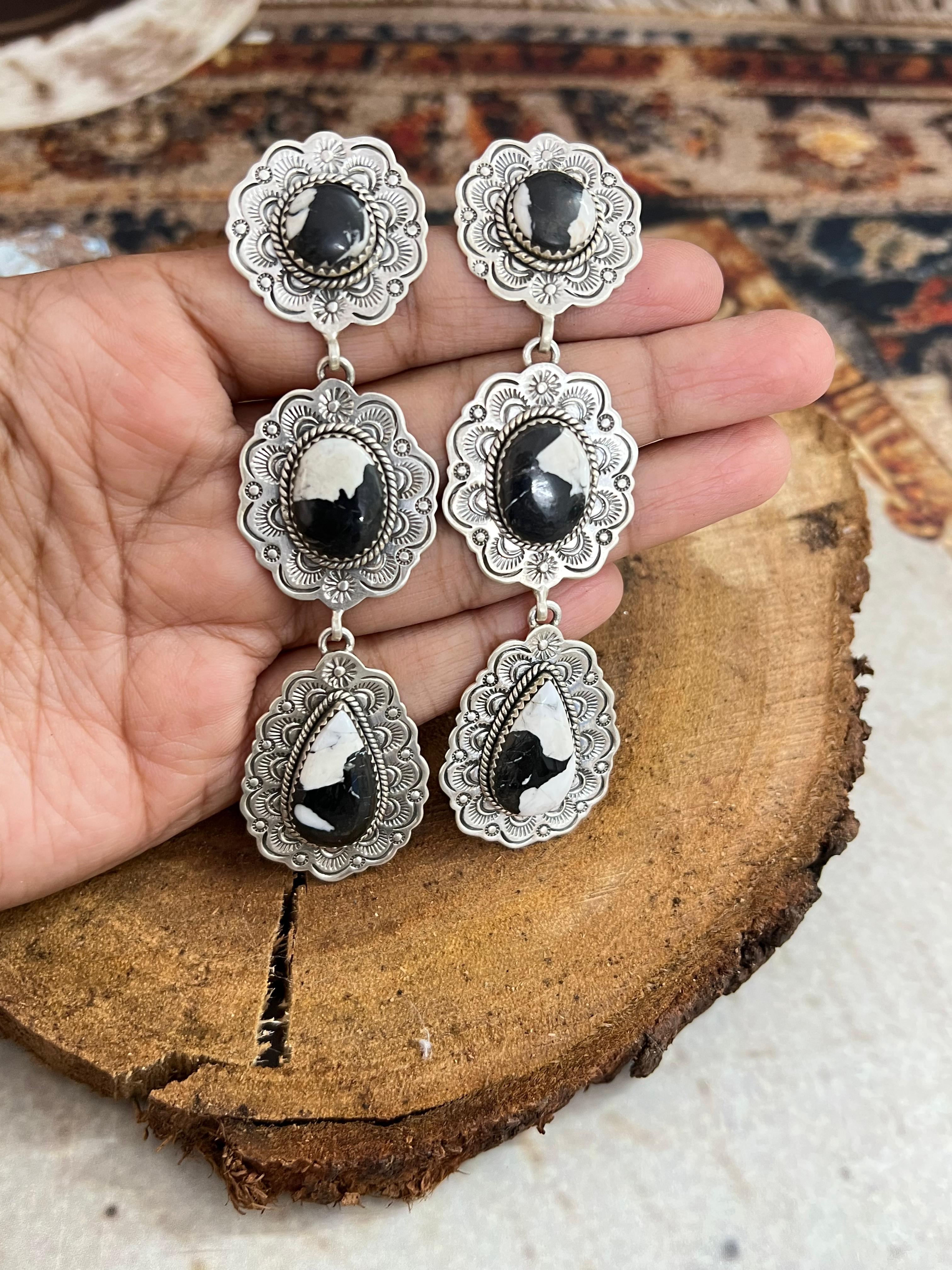 Handmade Sterling Silver White Buffalo Post Dangle Earrings with Signed Nizhoni