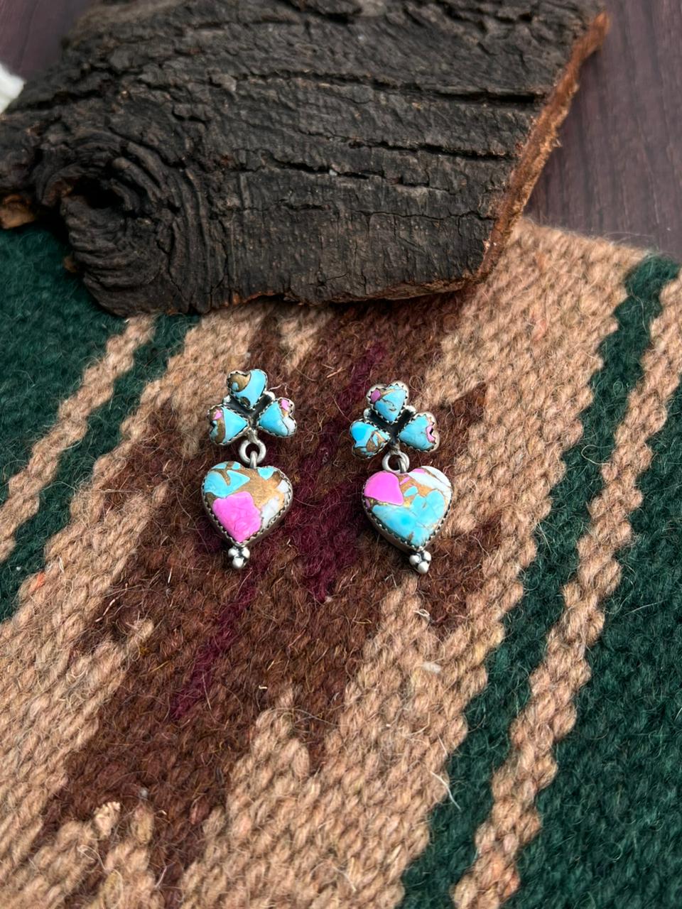 "Heart Collection" Handmade Sterling Silver Cotton Candy Post Dangle Earrings "Signed Nizhoni"