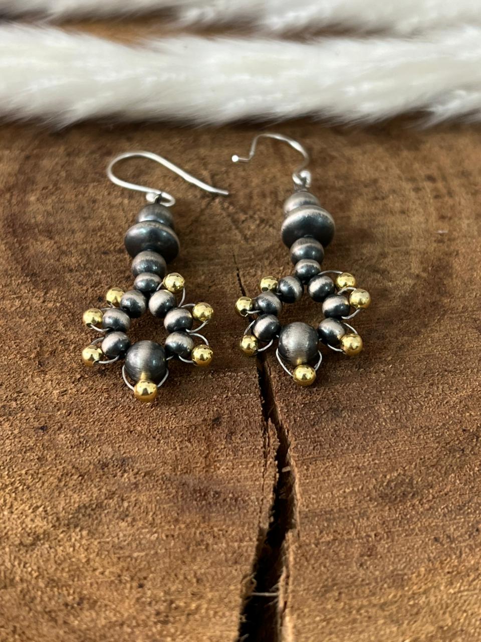 Handmade Sterling Silver and Gold Hook Dangle Beaded Earrings