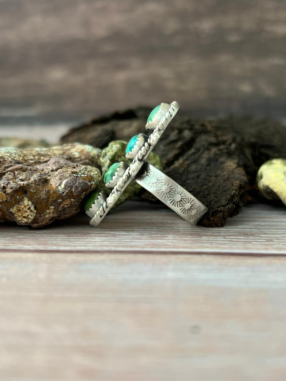 Handmade Sterling Silver Emerald Valley Turquoise Adjustable Ring With Signed Nizhoni