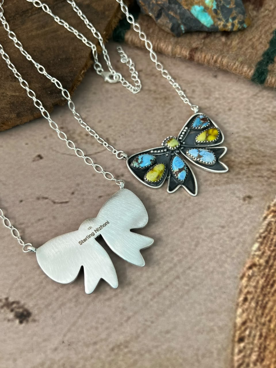 Handmade Sterling Silver Golden Hills with Palomino Turquoise Bow Necklace Signed Nizhoni