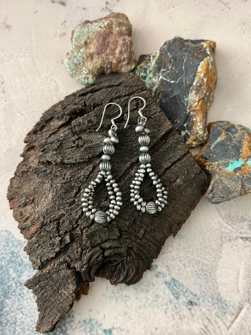 Handmade Sterling Silver Beaded Hook Dangle Earrings "Signed Nizhoni"