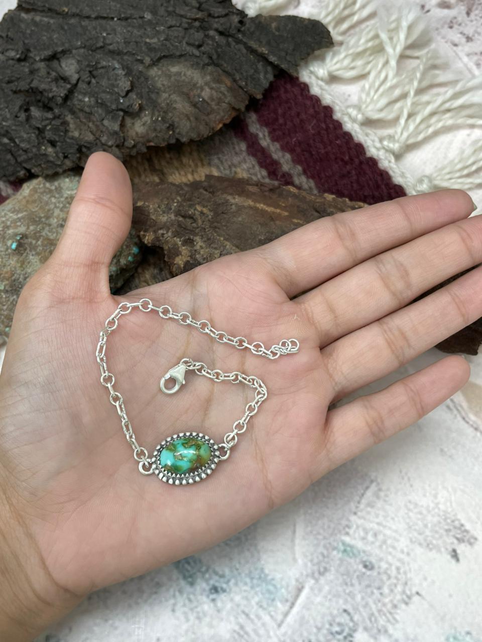 Handmade Sterling Silver Sonoran Mountain Turquoise Chain Bracelet "Signed Nizhoni"