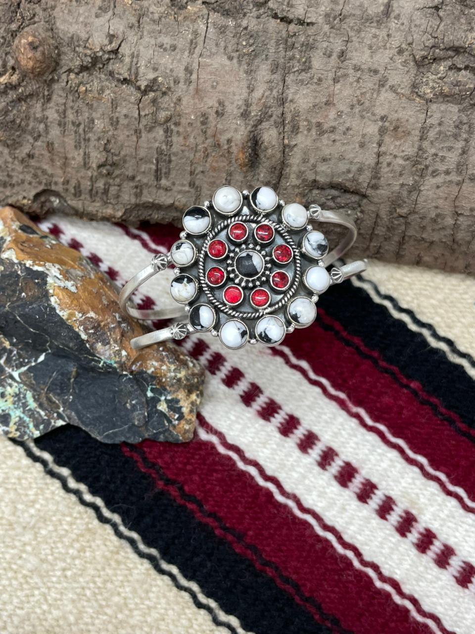 "Christmas Collection" Handmade Sterling Silver White Buffalo With Red Opal Cuff Bracelet "Signed Nizhoni"