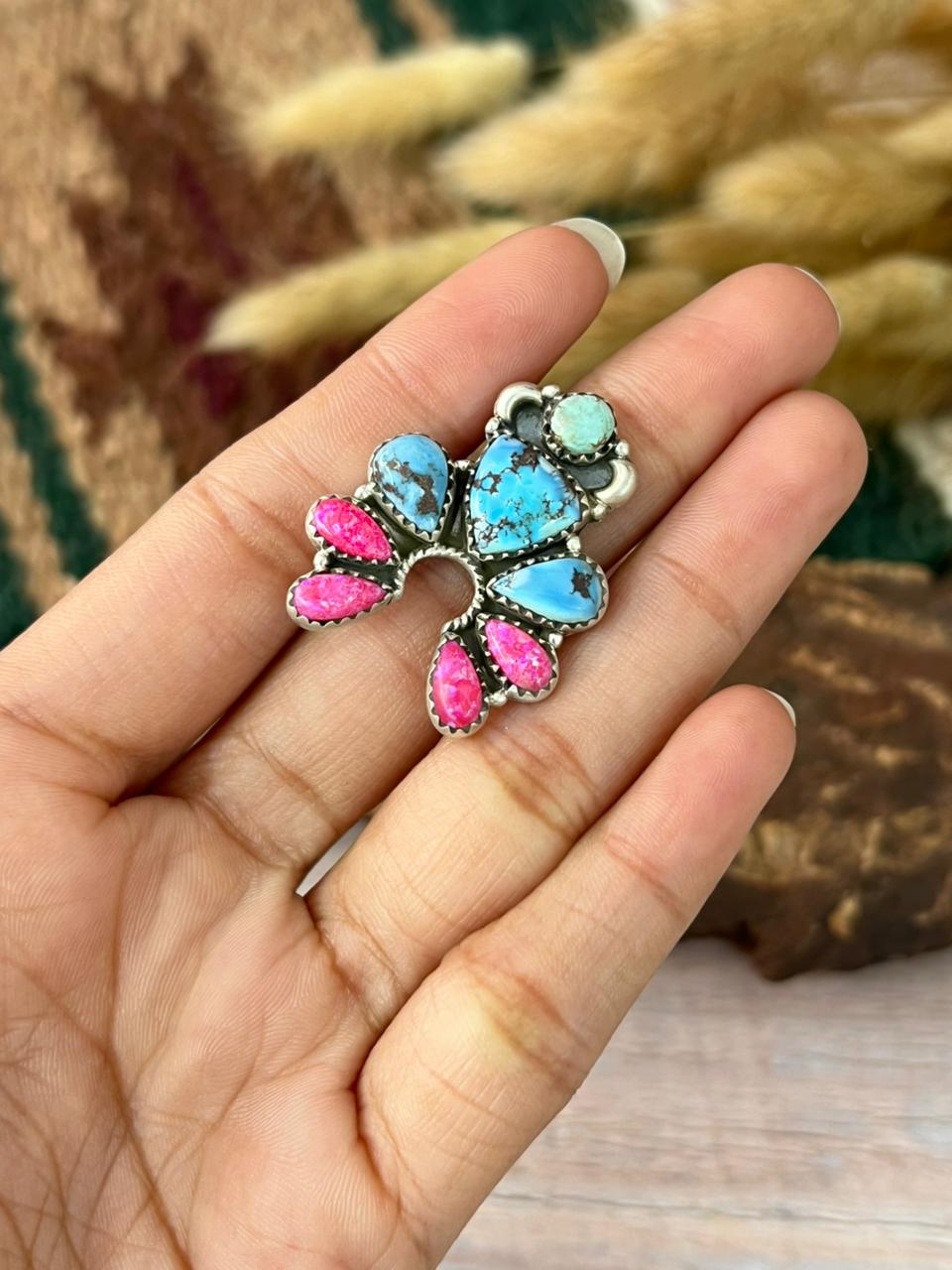 Handmade Sterling Silver Hot Pink with Golden Hills Turquoise Adjustable Ring "Signed Nizhoni"