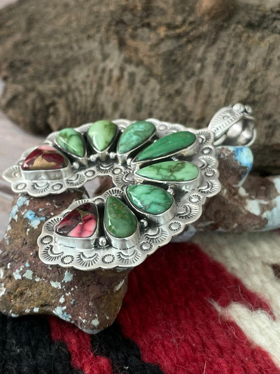 Handmade Sterling Silver Dahlia Rose with Emerald Valley Turquoise Pendant "Signed Nizhoni"