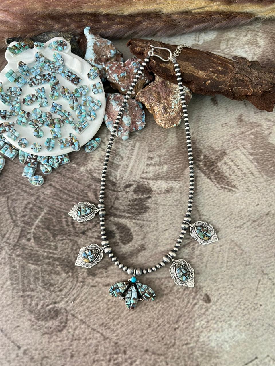 Handmade Sterling Silver 'Golden Hills Turquoise Cobble Collection' Beaded Necklace "Signed Nizhoni"