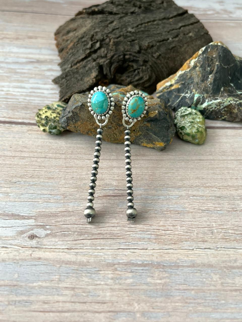 Handmade Sterling Silver Kingman Turquoise Post Beaded Earrings "Signed Nizhoni"
