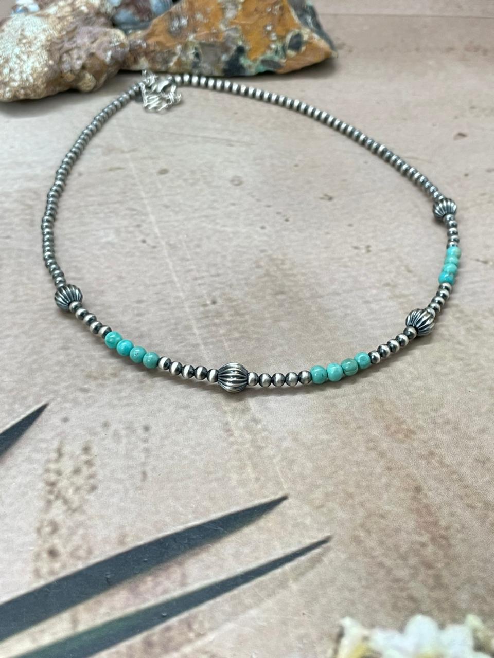 Handmade Sterling Silver Beaded Kingman Turquoise Necklace "Signed Nizhoni" (5)