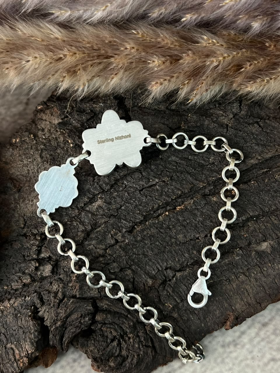 Handmade Sterling Silver Palomino Turquoise with Cotton Candy Chain Bracelet Signed Nizhoni