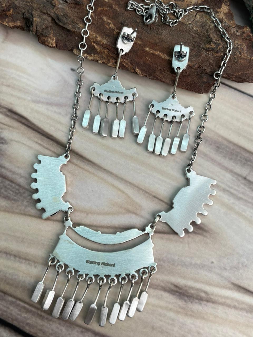 Handmade Sterling Silver Kingman Turquoise Necklace and Earrings Set Signed Nizhoni