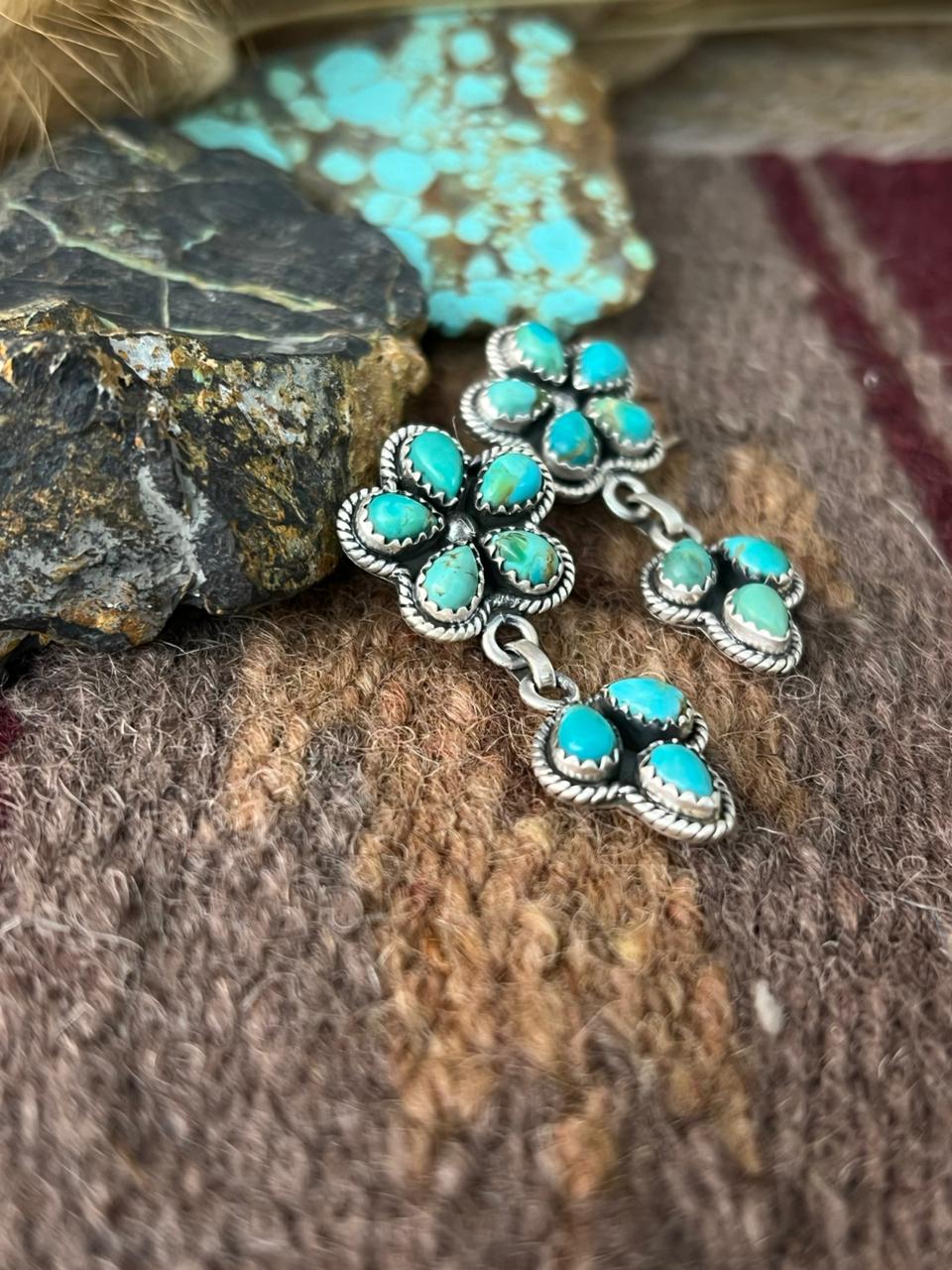 Handmade Sterling Silver Kingman Turquoise Post Dangle Earrings "Signed Nizhoni"