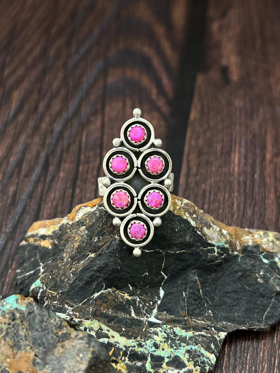 Handmade Sterling Silver Hot Pink Adjustable Ring "Singed Nizhoni"