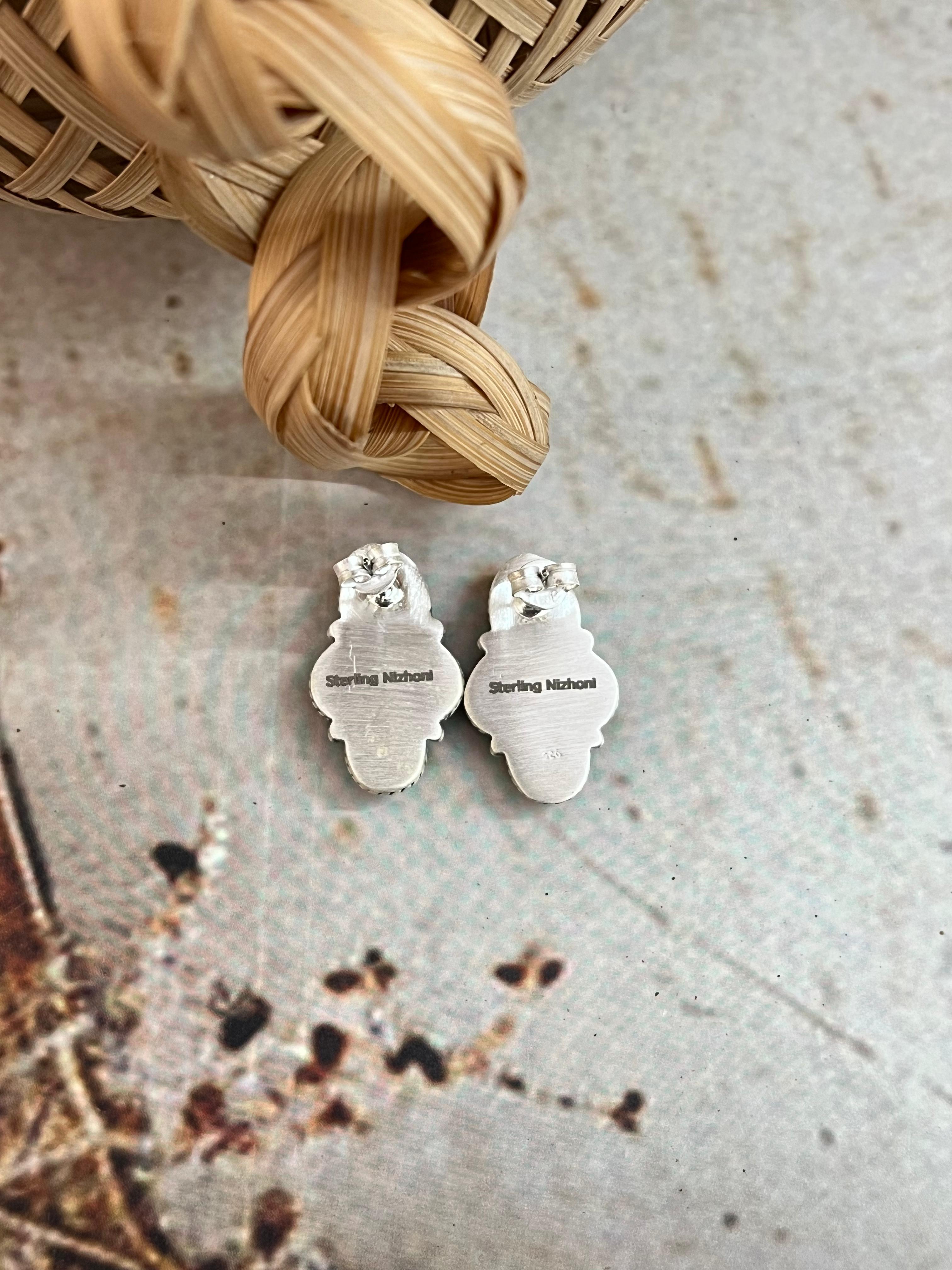 Handmade Sterling Silver Kingman Turquoise Post Studs with Signed Nizhoni