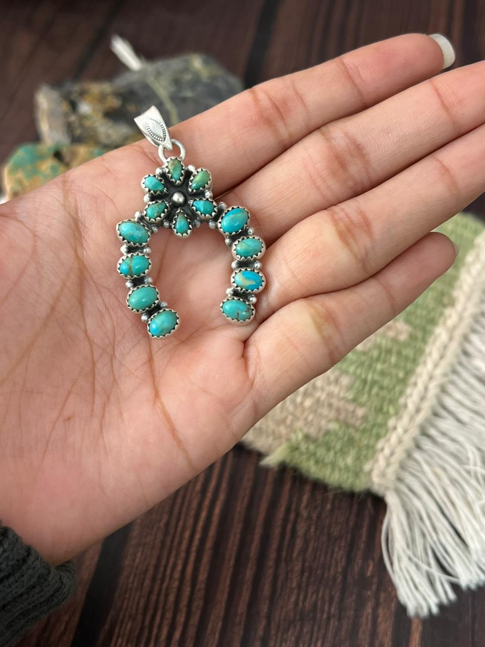 Handmade Sterling Silver Kingman Turquoise Naja Pendant "Signed Nizhoni"