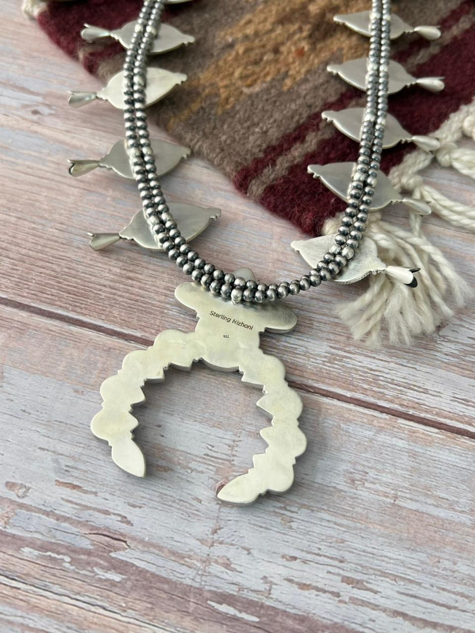 Handmade Sterling Silver Number 8 Turquoise Squash Blossom Beaded Necklace "Signed Nizhoni"