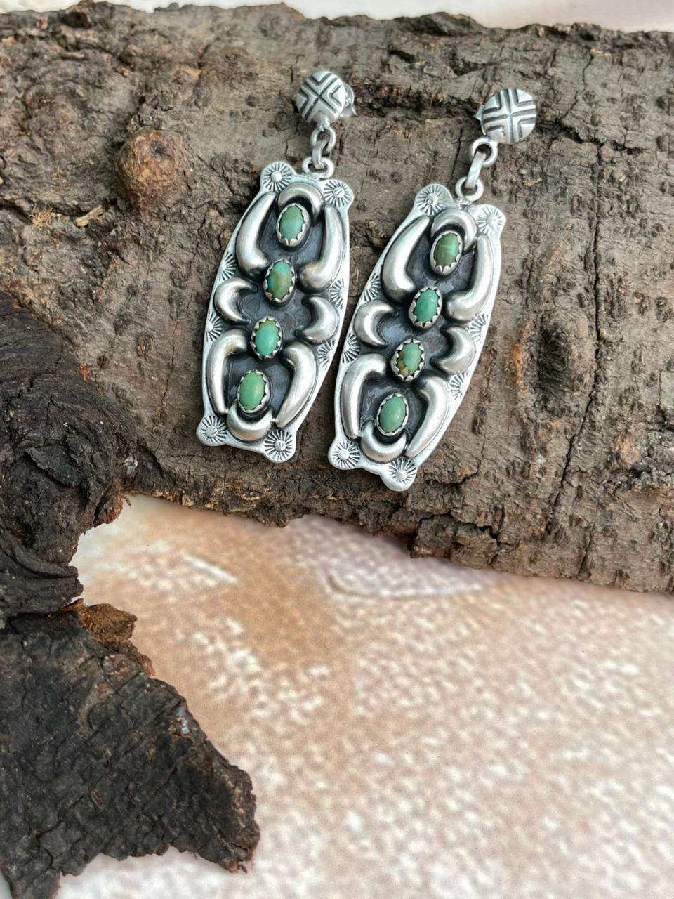 Handmade Sterling Silver Kingman Turquoise Post Dangle Earrings "Signed Nizhoni"