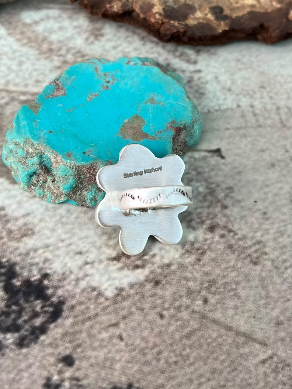 Handmade Sterling Silver Carico Lake Turquoise Adjustable Ring Signed Nizhoni