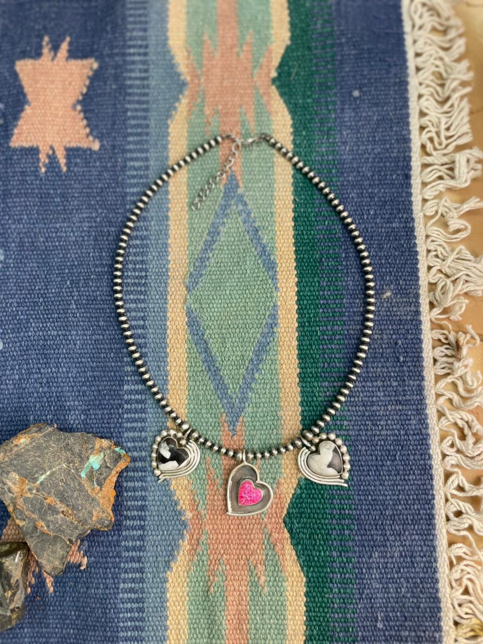 Handmade Sterling Silver White Buffalo with Hot Pink Beaded Heart Necklace "Signed Nizhoni"