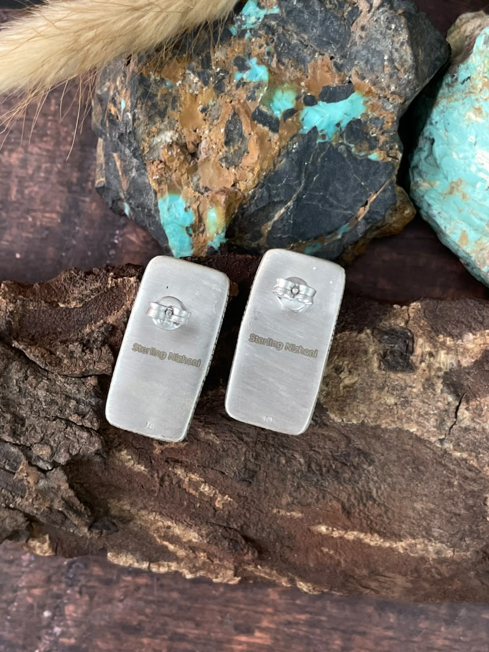 Handmade Sterling Silver Kingman Turquoise Bar Post Studs Earrings Signed Nizhoni