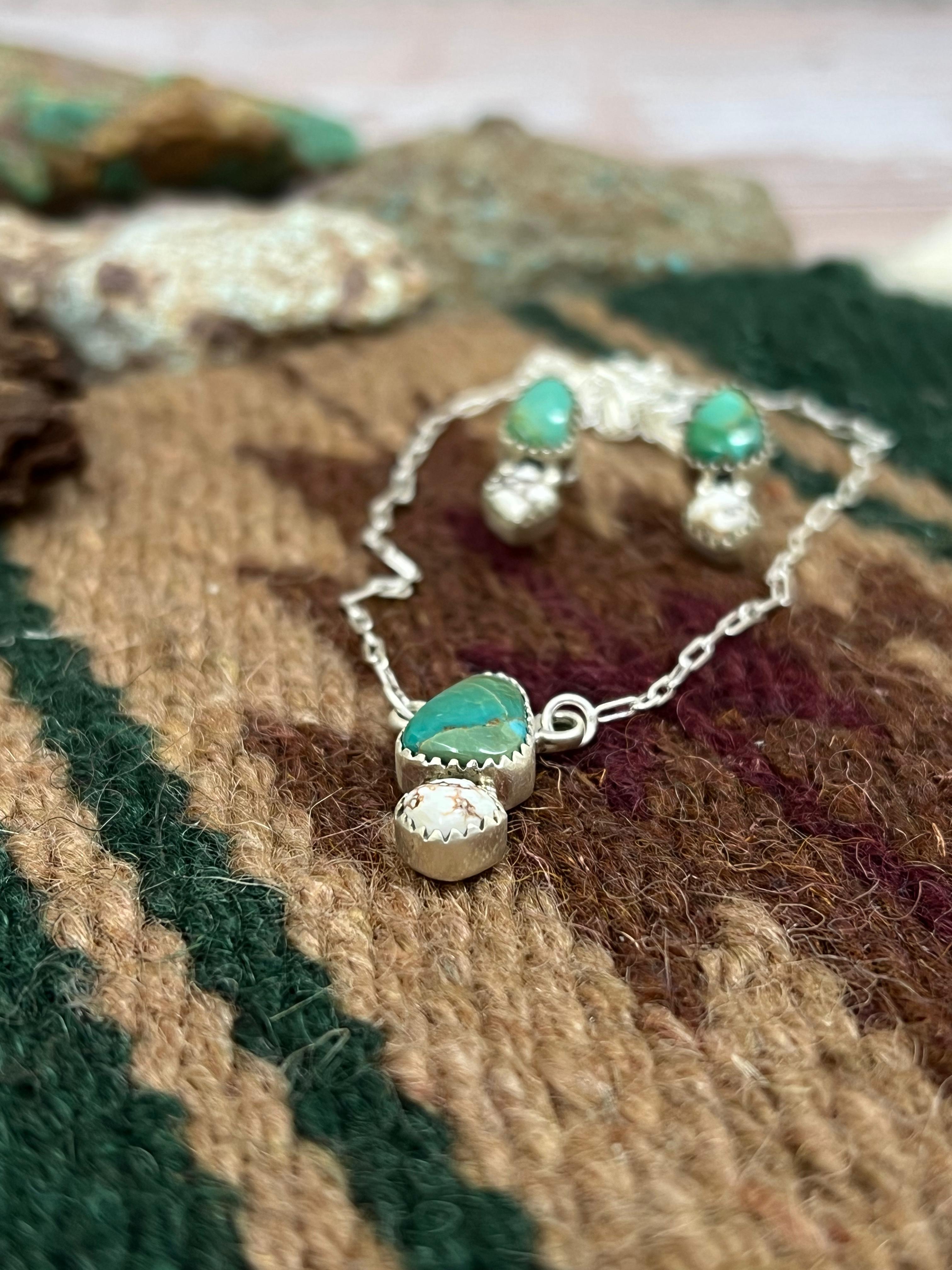 Handmade Sterling Silver Kingman Turquoise, Wild Horse Magnesite Necklace Earrings Set with Signed Nizhoni