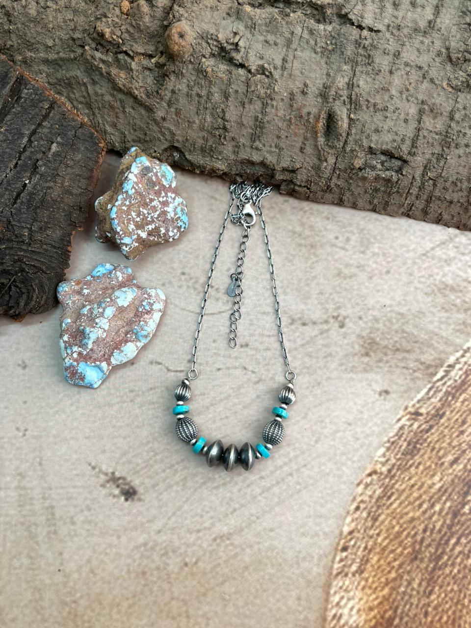 Handmade Sterling Silver Kingman Turquoise Beaded Necklace Signed Nizhoni