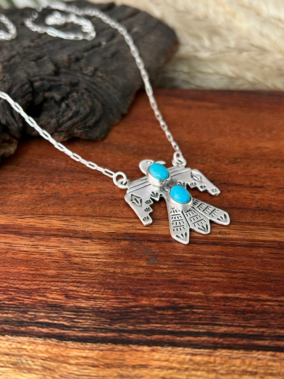 Handmade Sterling Silver Kingman Turquoise Thunder Bird Necklace "Signed Nizhoni"