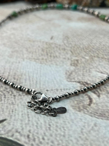 Handmade Sterling Silver Beaded Emerald Valley Turquoise Necklace "Signed Nizhoni"