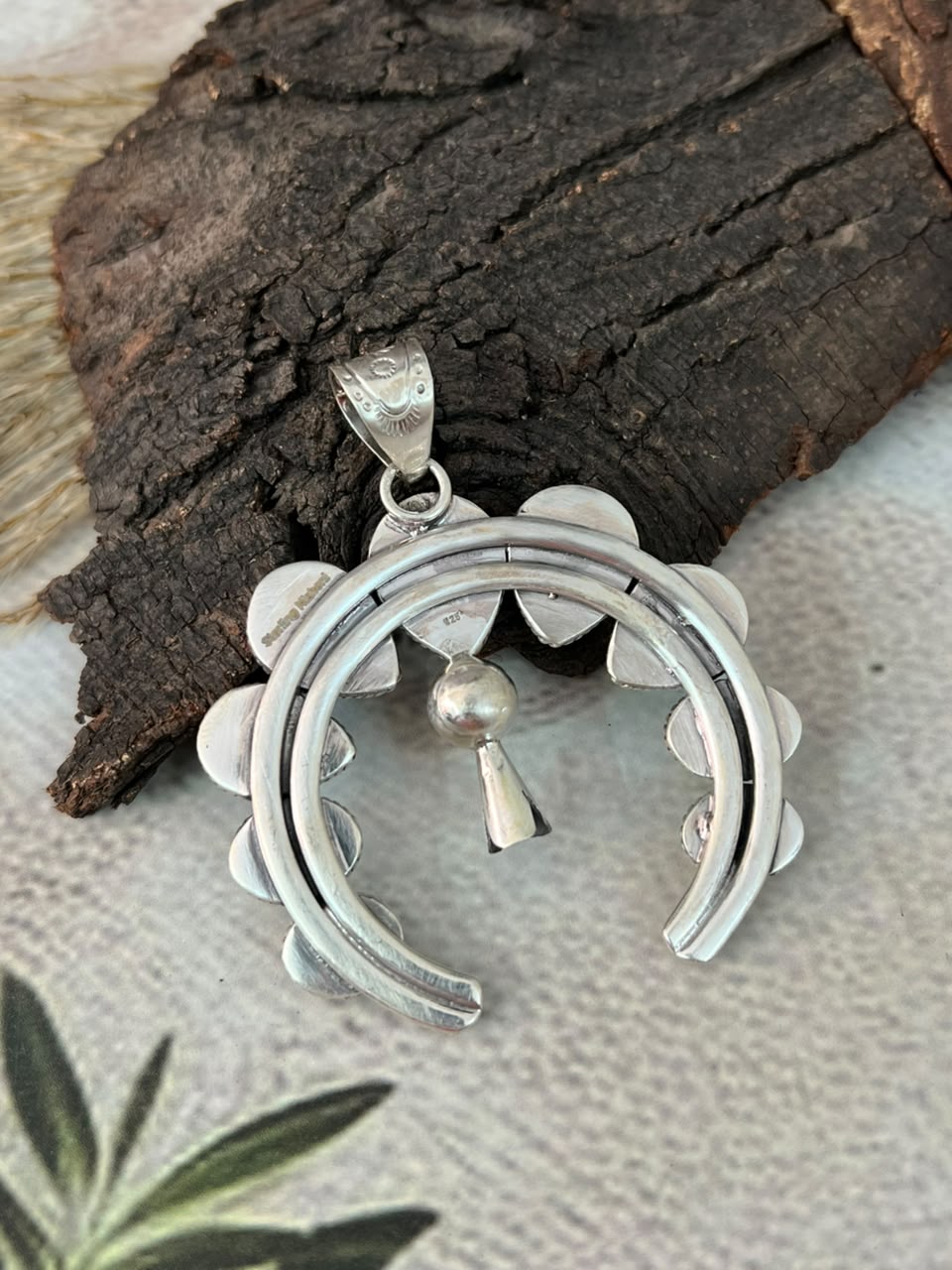 Handmade Sterling Silver Paloma with White Water Turquoise Naja Squash Blossom Pendant Signed Nizhoni