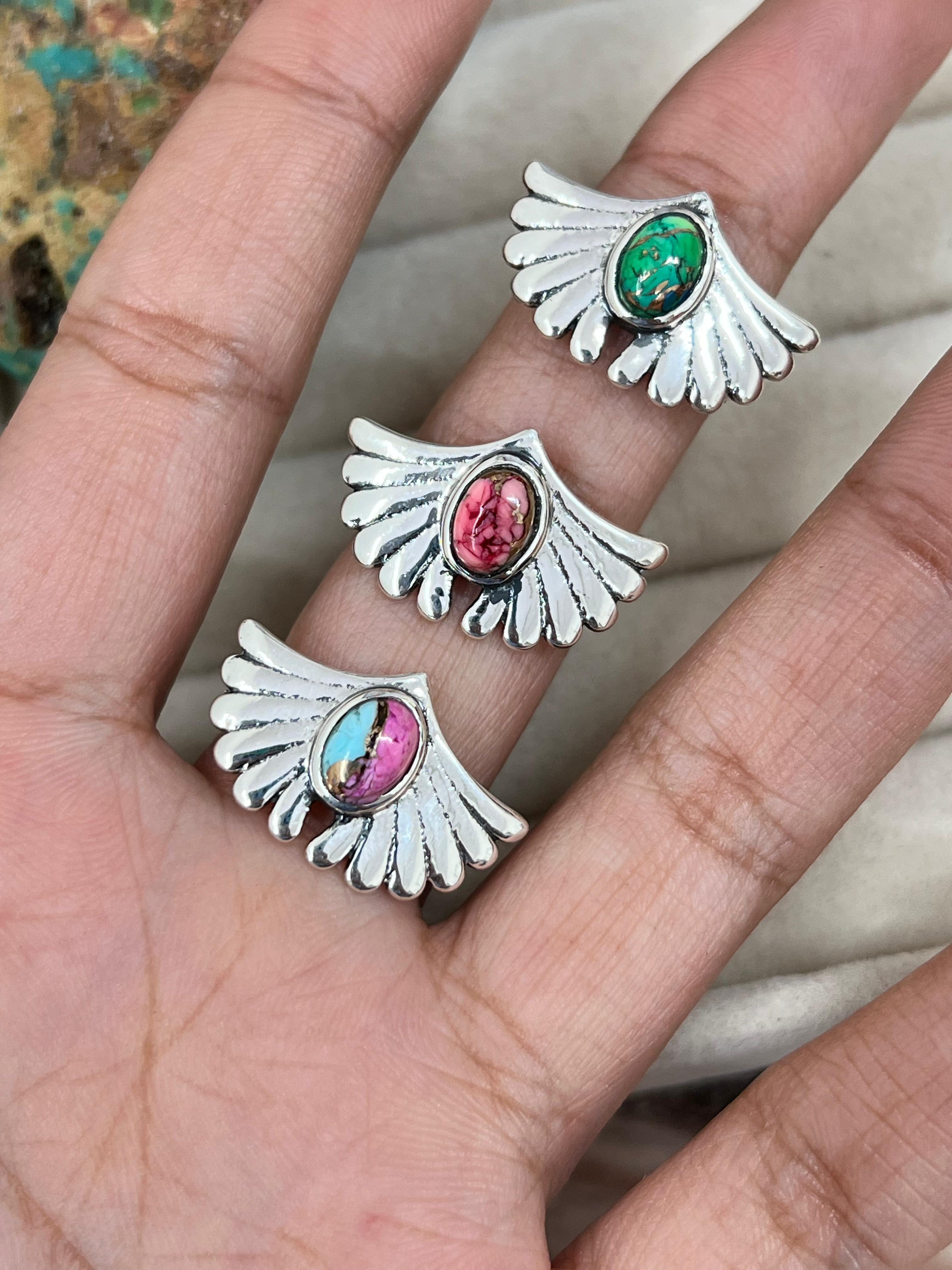 Handmade Sterling Silver Peacock Dahlia, Cotton Candy Turquoise, Dahlia Rose Adjustable Ring, Signed Nizhoni