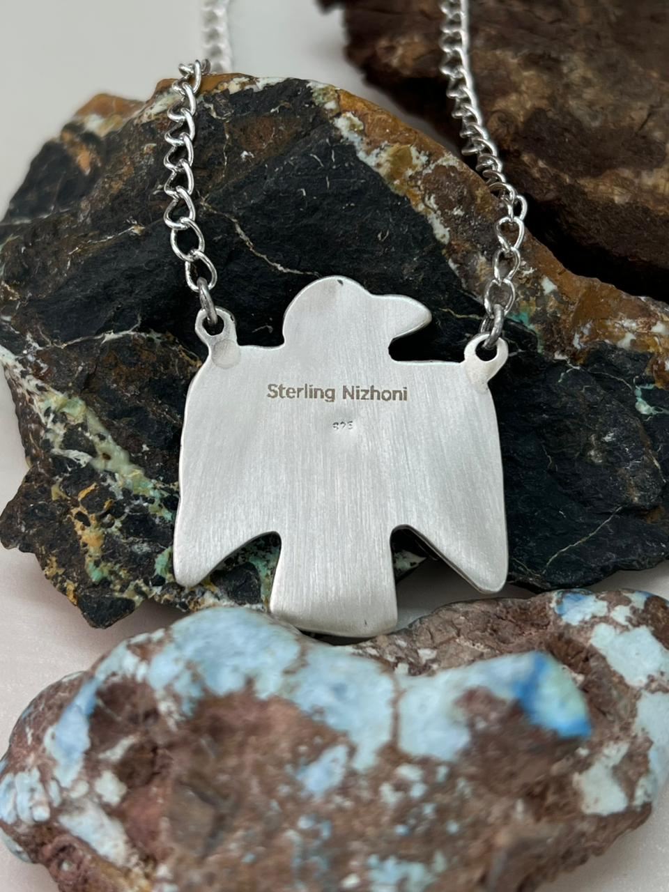 Handmade Sterling Silver Sonoran Mountain Turquoise Thunder Bird Necklace "Signed Nizhoni"