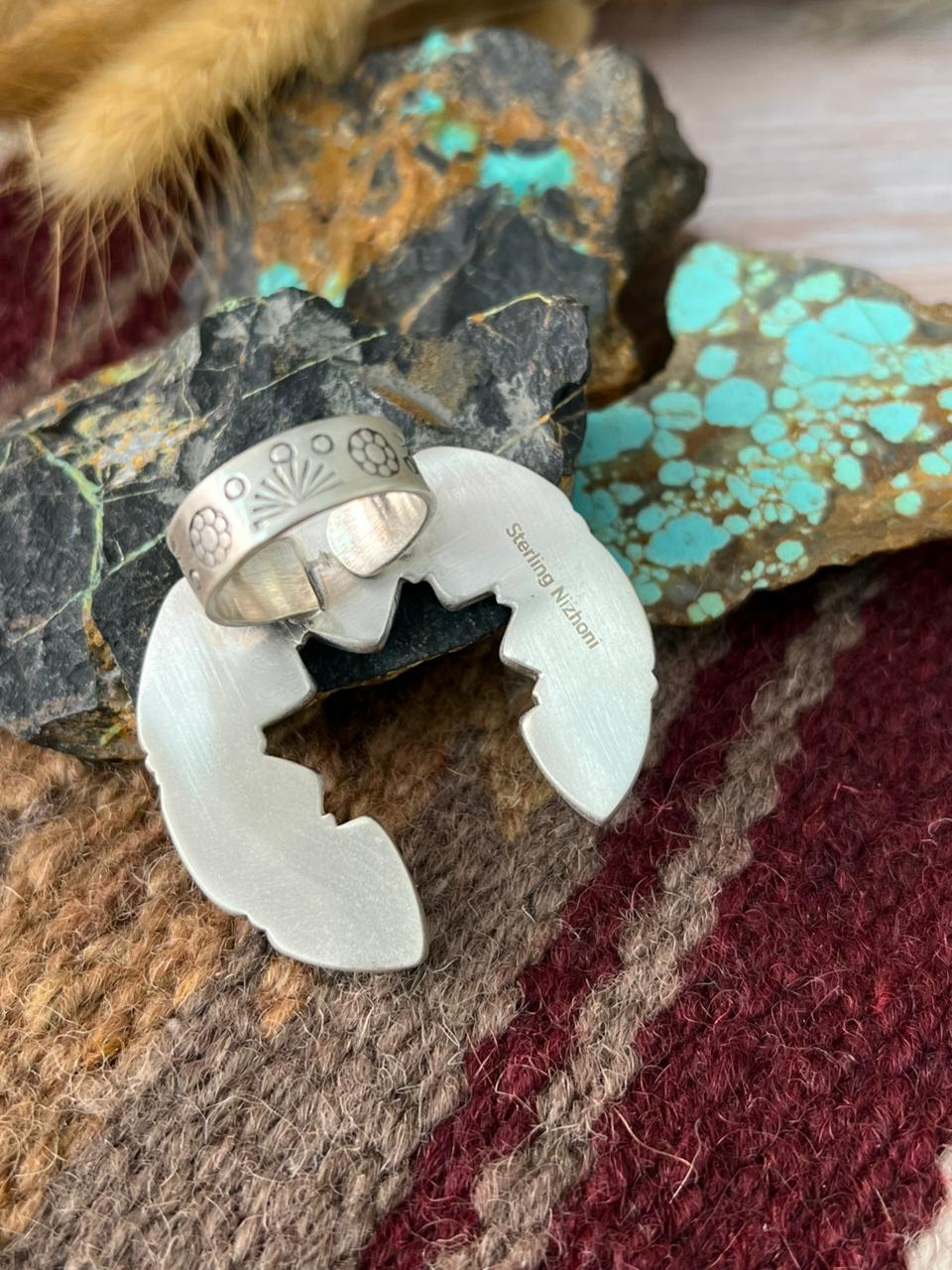 Handmade Sterling Silver Number 8 Turquoise Naja Adjusatble Ring "Signed Nizhoni"