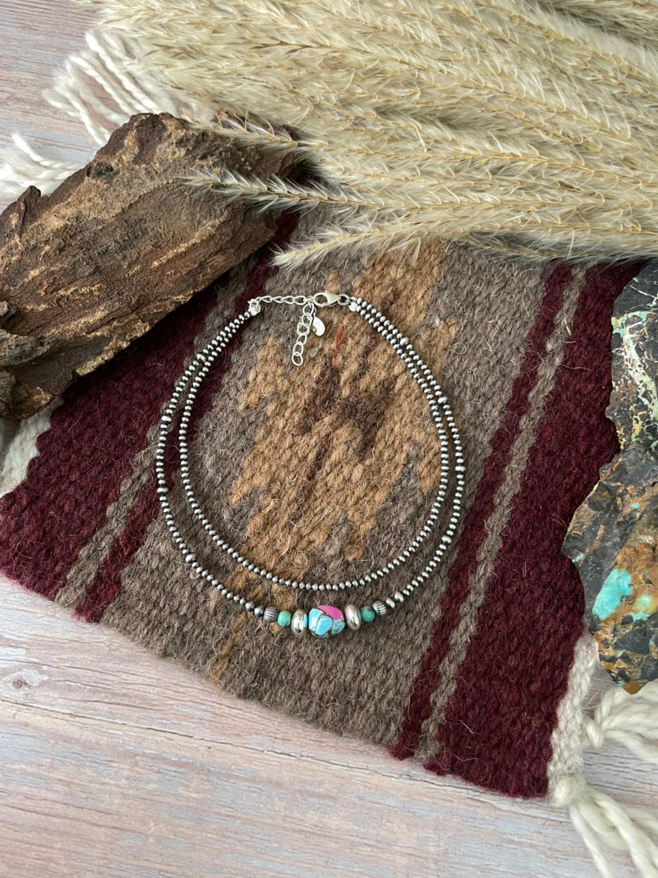 Handmade Sterling Silver Cotton Candy with Kingman Turquoise Double Strand Beaded Anklet "Signed Nizhoni"