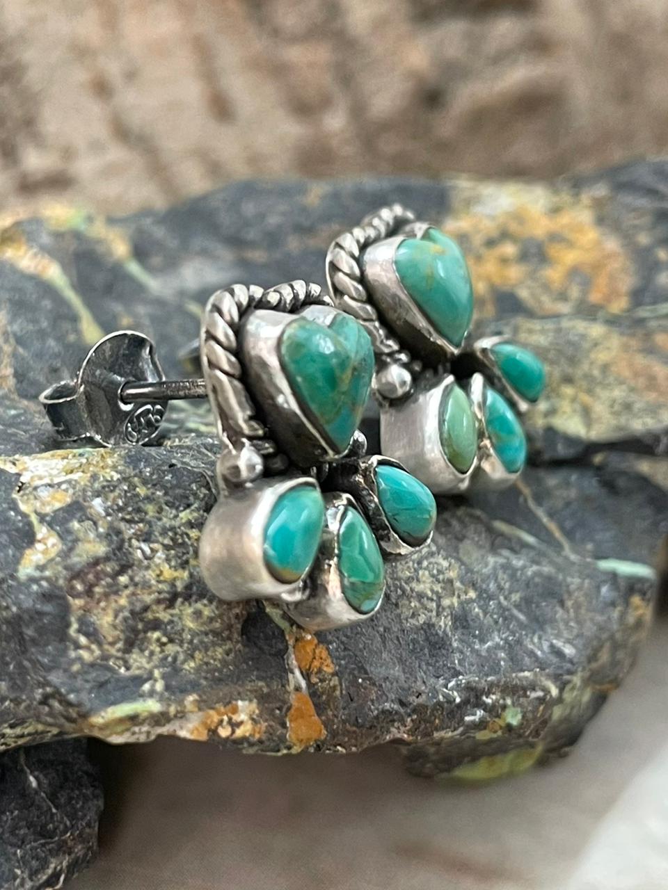 "Heart Collection" Handmade Sterling Silver Kingman Turquoise Post Studs Earrings "Signed Nizhoni"