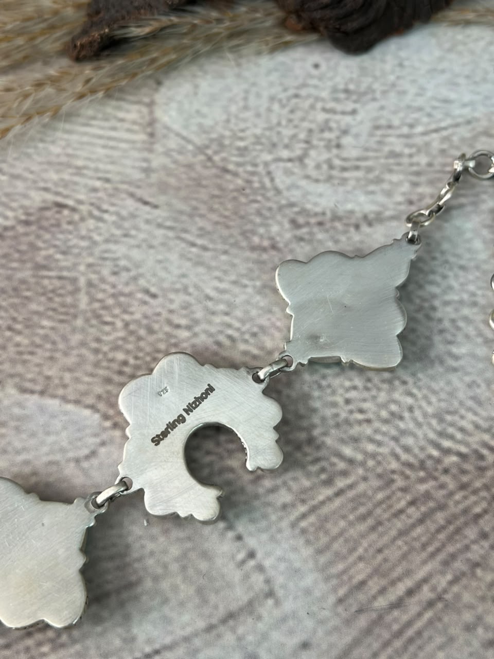 Handmade Sterling Silver Sonoran Mountain Turquoise with Bumblebee and White Buffalo Spring Collection: Naja Necklace Signed Nizhoni