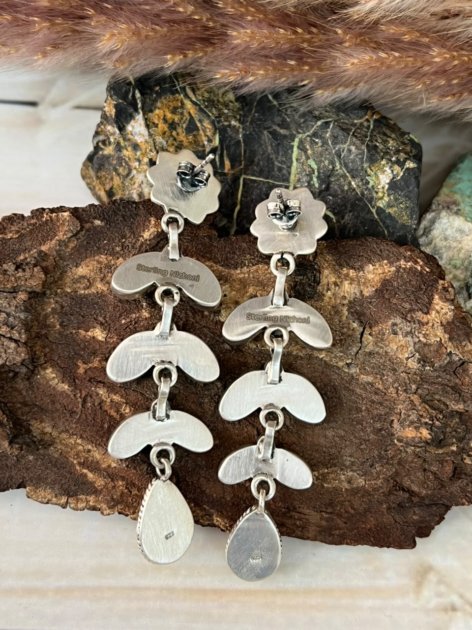 Handmade Sterling Silver Palomino Turquoise with Cotton Candy Post Dangle Earrings Signed Nizhoni