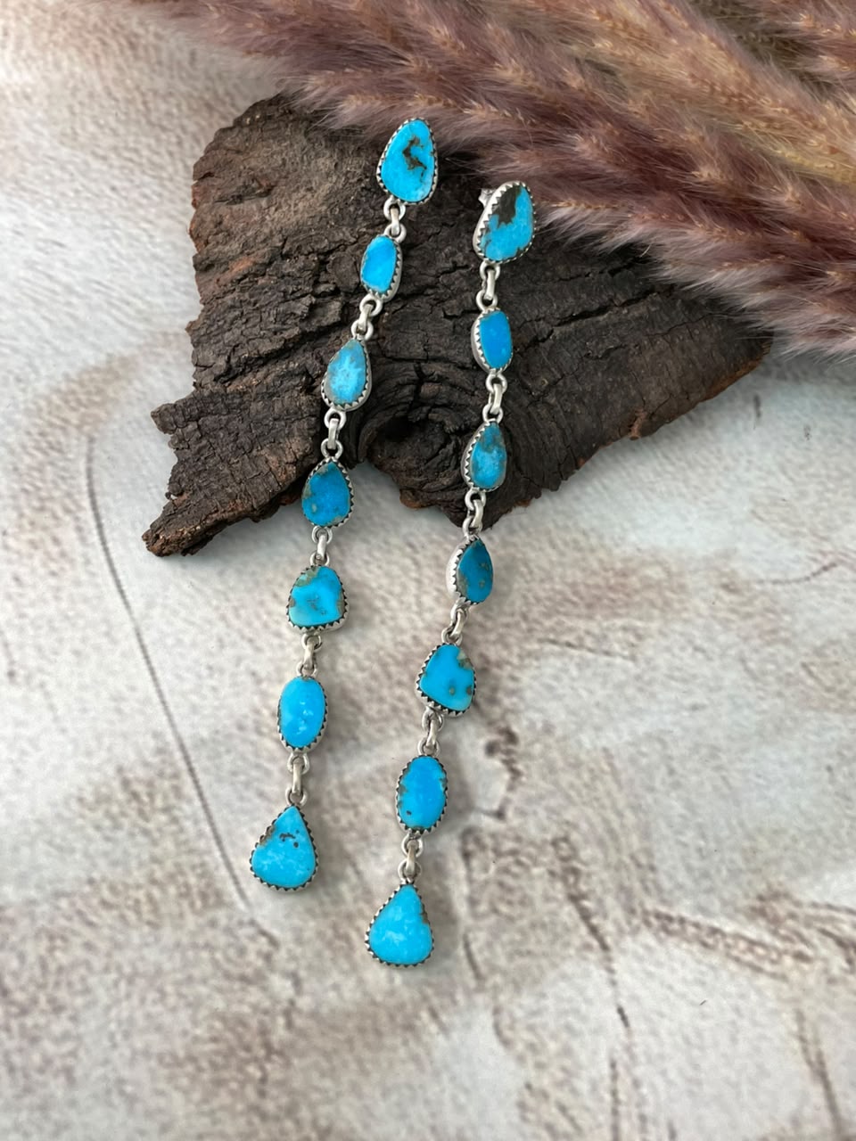 Handmade Sterling Silver Blue Kingman Turquoise Post Dangle Earrings Signed Nizhoni 7 STONE
