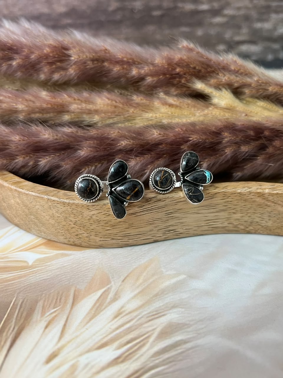 Handmade Sterling Silver Blackjack Turquoise Collection: Adjustable Ring Signed Nizhoni