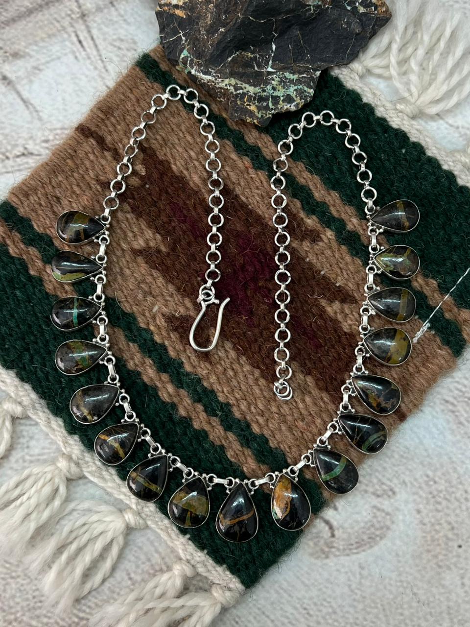 Handmade Sterling Silver Blackjack Turquoise Necklace "Signed Nizhoni"