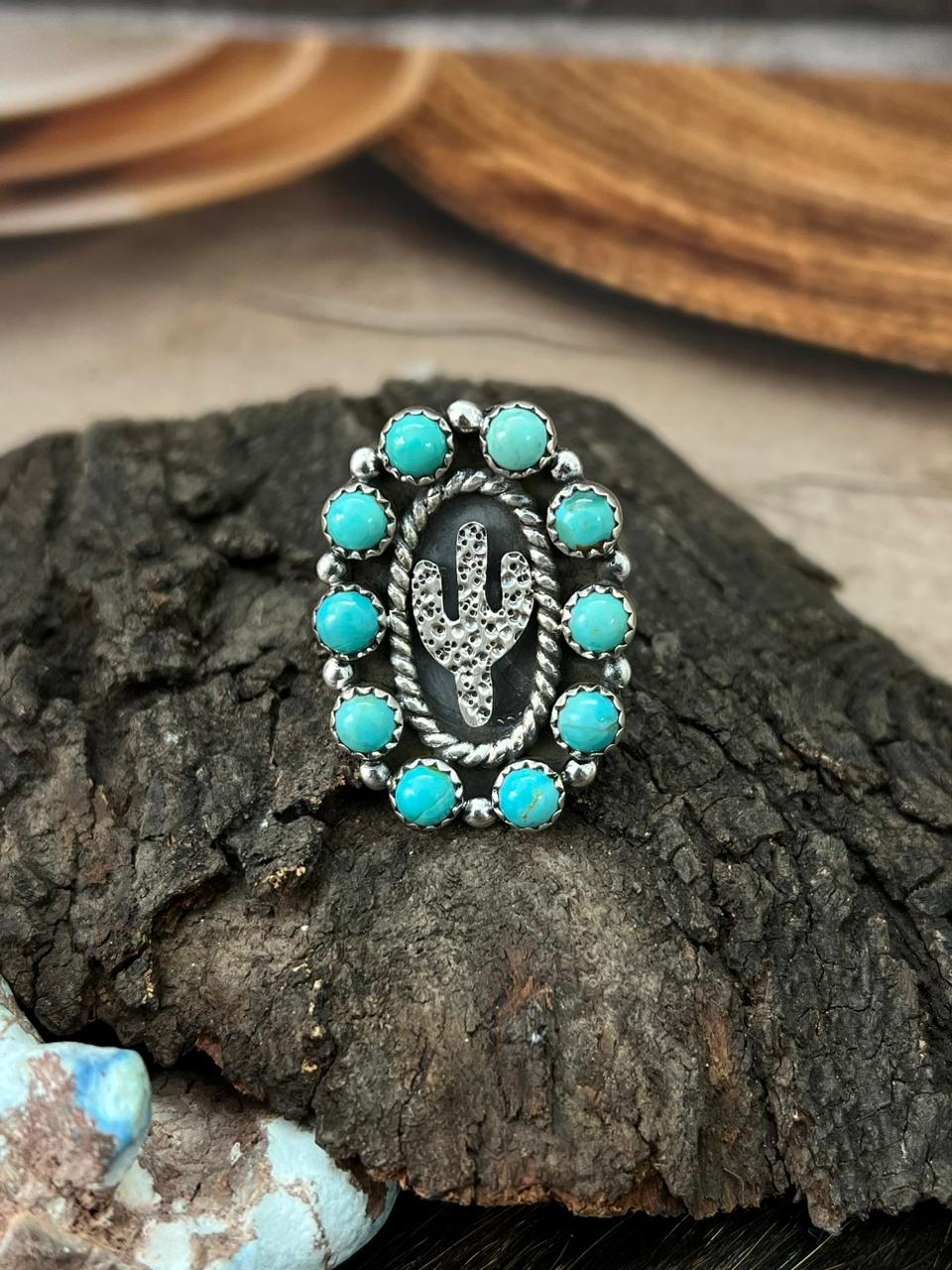 Handmade Sterling Silver Kingman Turquoise Cactus Adjustable Ring "Signed Nizhoni"