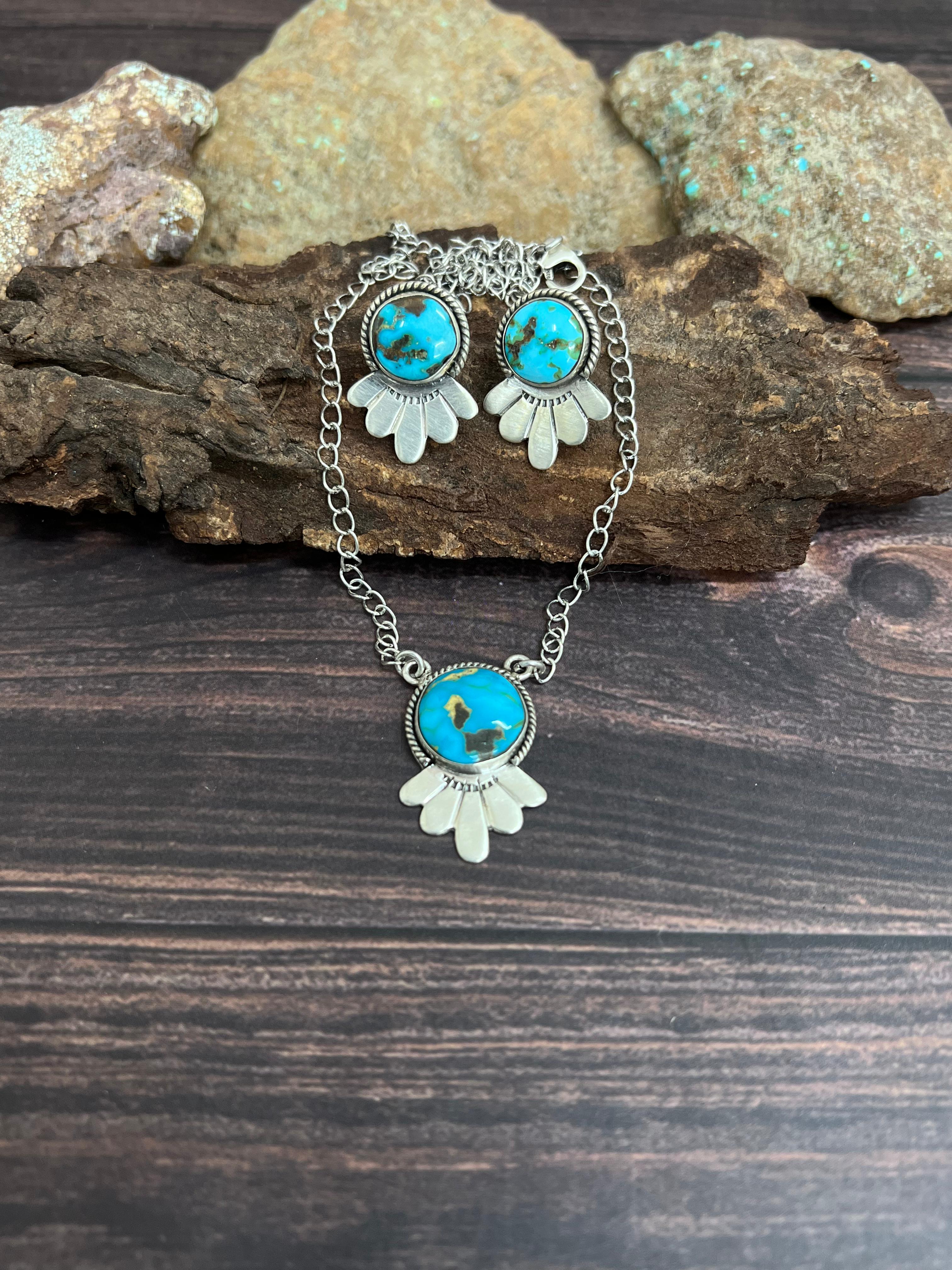 Handmade Sterling Silver South Hill Turquoise Necklace Earrings Set with Signed Nizhoni